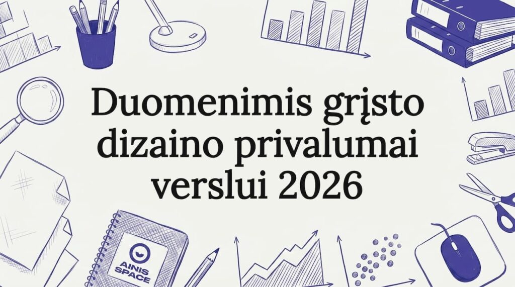 Dekoratyvinis antraštės maketas su analitikos ir dizaino akcentais aplink