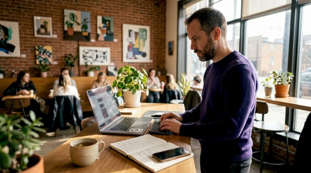Programuotojas prie darbo stalo tobulina WordPress Elementor darbo eigą, ieško efektyvesnių sprendimų ir optimizuoja procesus.